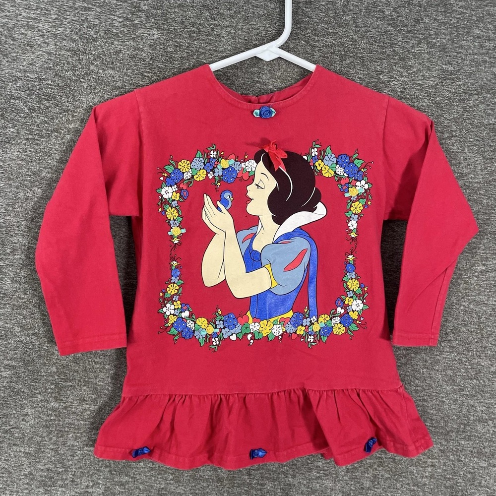 Vintage Disney Store Snow White Shirt Girls 5-6 Red Graphic Ruffle Tunic USA
